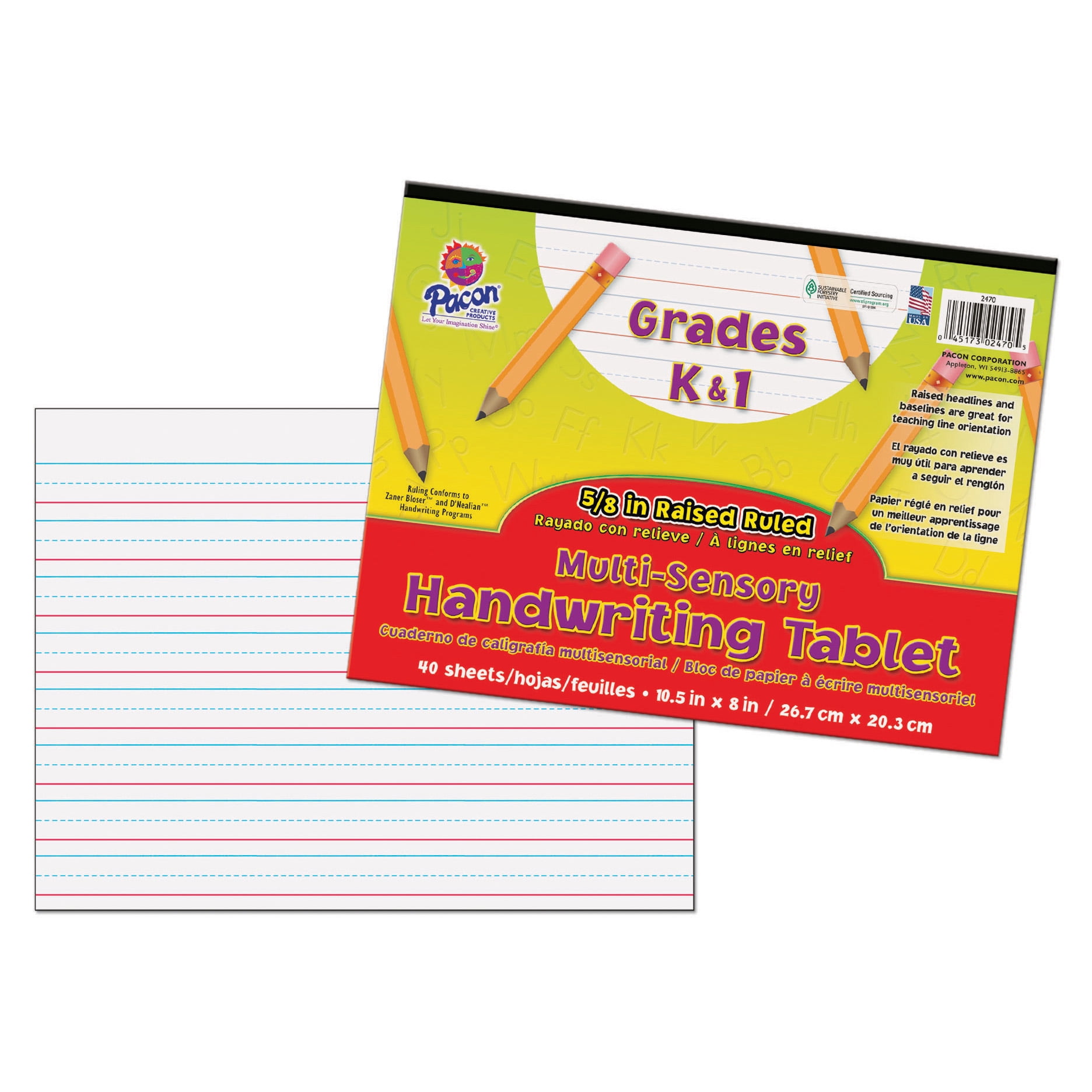 Pacon Multi-Sensory Raised Ruled Tablet, Tape Bound, 5/8" x 5/16" x 5/16" Ruled Long, 10-1/2" x 8", 40 Sheets, Pack of 3