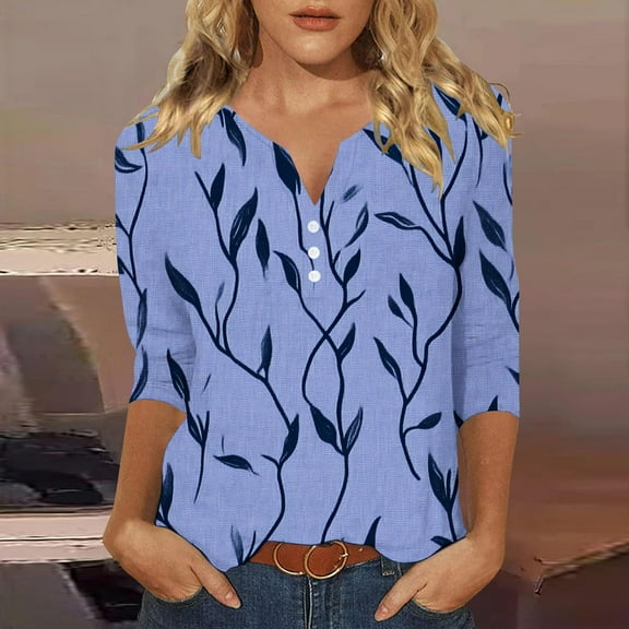 Viluyesy Women's 3/4 Sleeves T-Shirt V-Neck Shirt Tops Relaxed Button Loose Blouse Purple Size 3XL