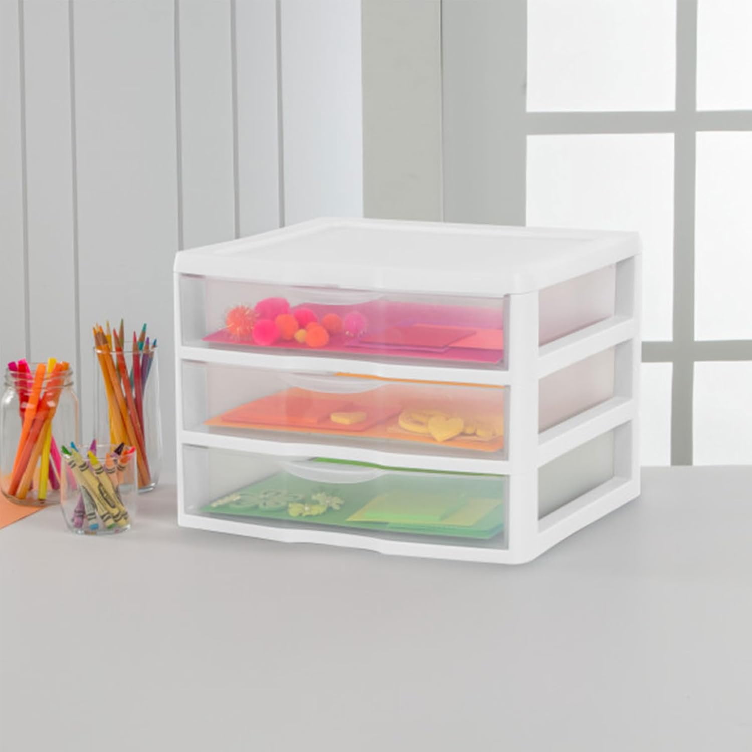 HWong 3-Pack Wide 3 Drawer Unit, Plastic Desktop Organizer with Clear Drawers, White Frame - Stackable Multi-Purpose Storage for Office Supplies, Craft Rooms, Classrooms and Home Organization