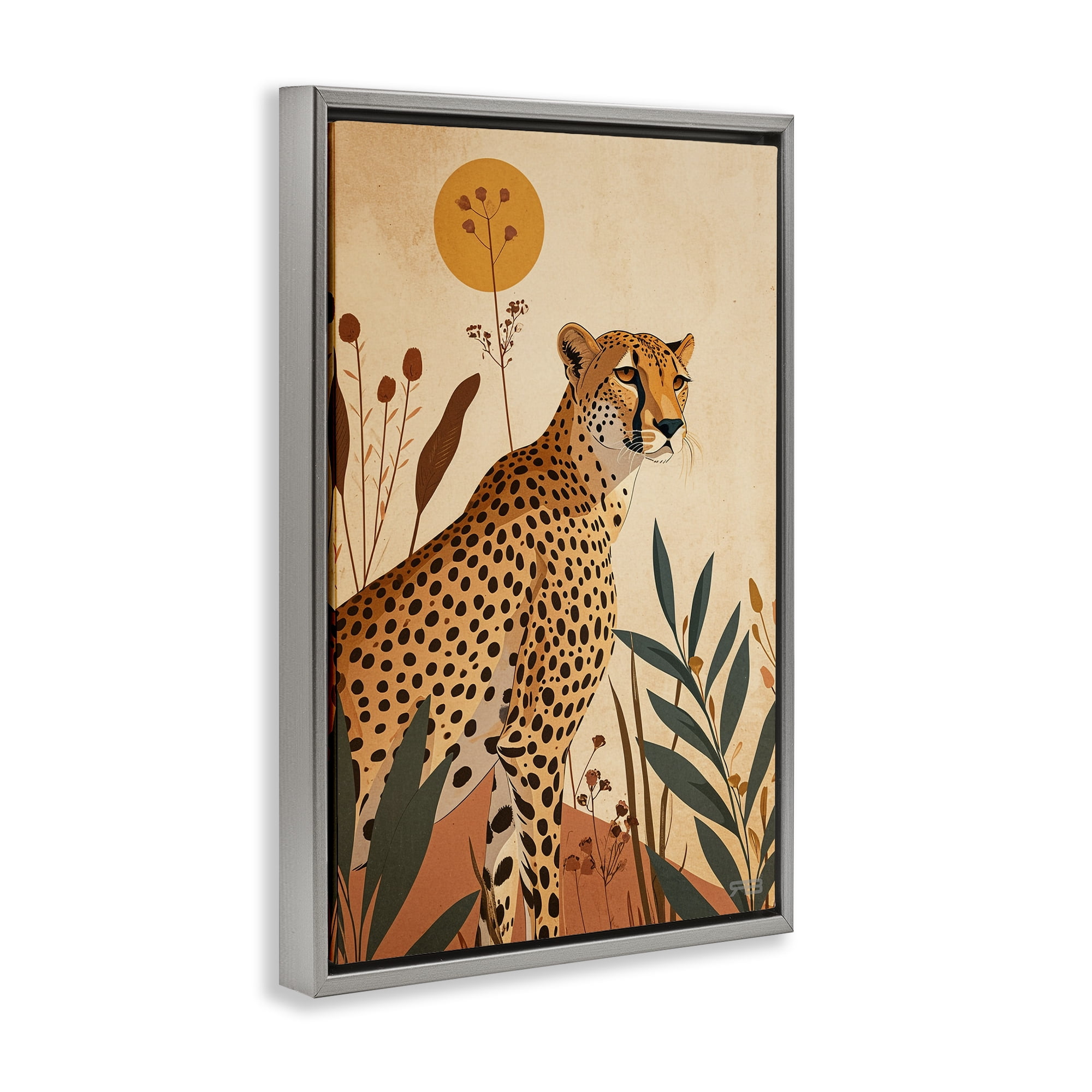 Stupell Industries Cheetah & Boho Plants Animals & Insects Painting Gray Floater Framed Canvas Art Print Wall Art, 21 x 31