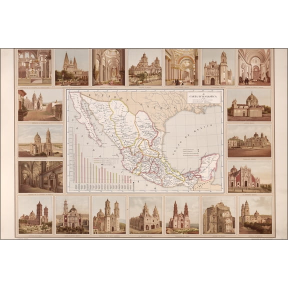 24"x36" Gallery Poster, Ecclesiastical map of mexico 1885