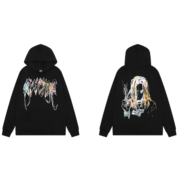 Sudadera con capucha informal de moda, bordado de venganza, nicho de hueso largo, cabeza de Calavera, estilo americano, ajuste suelto, High StreetNegro 5557