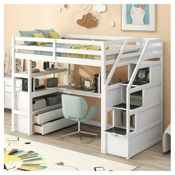 Twin Loft Bed with Desk, Shelves, 2 Built-in Drawers & Storage Staircase, White