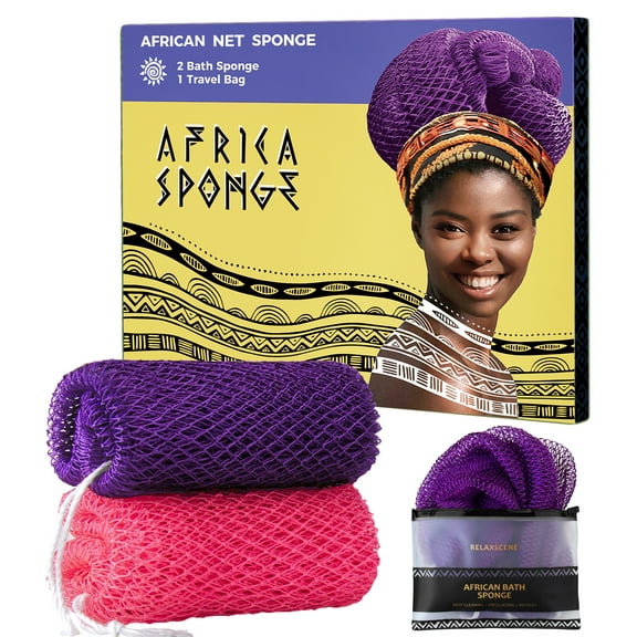 African Net Sponge Authentic - 2 Pieces Real African Exfoliating Sponge with Knots - Afro Scrubber Net Wash Cloths for Body Scrub Exfoliator Purple & Pink - Back Scrub for Shower Bath Accessories