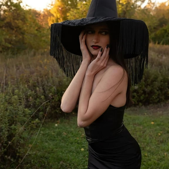 ZLKMQM Halloween Witch Hats with Tassel Veils Black Large Ruched Witch Hat Women Costume Accessory for Halloween Cosplay Party
