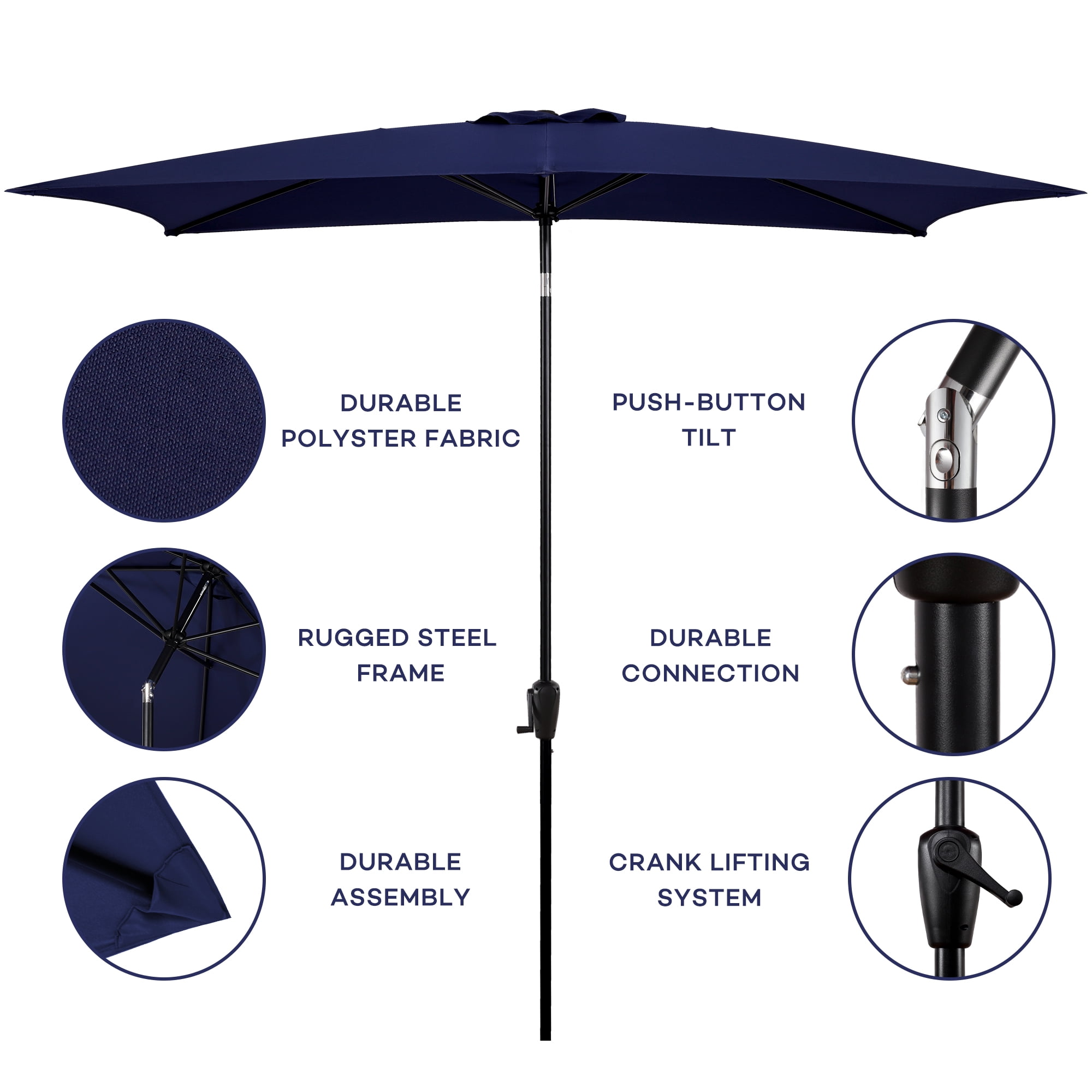Sun-Ray 6.6x10 FT Rectangular Patio Umbrella with Push-Button Tilt and Hand Crank Canopy Lift, Table Umbrella with Solution Dyed Navy Fabric for Porch, Deck, Garden, and Swimming Pool, Navy
