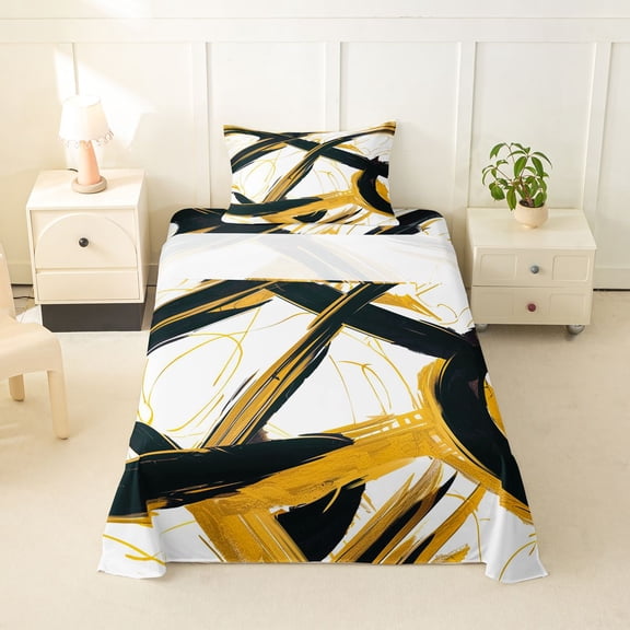 Homewish Gold Black Circle Twin Sheets,Aesthetic Geometric Bedding,3 Pieces,1 Fitted Sheet and 1 Pillowcase