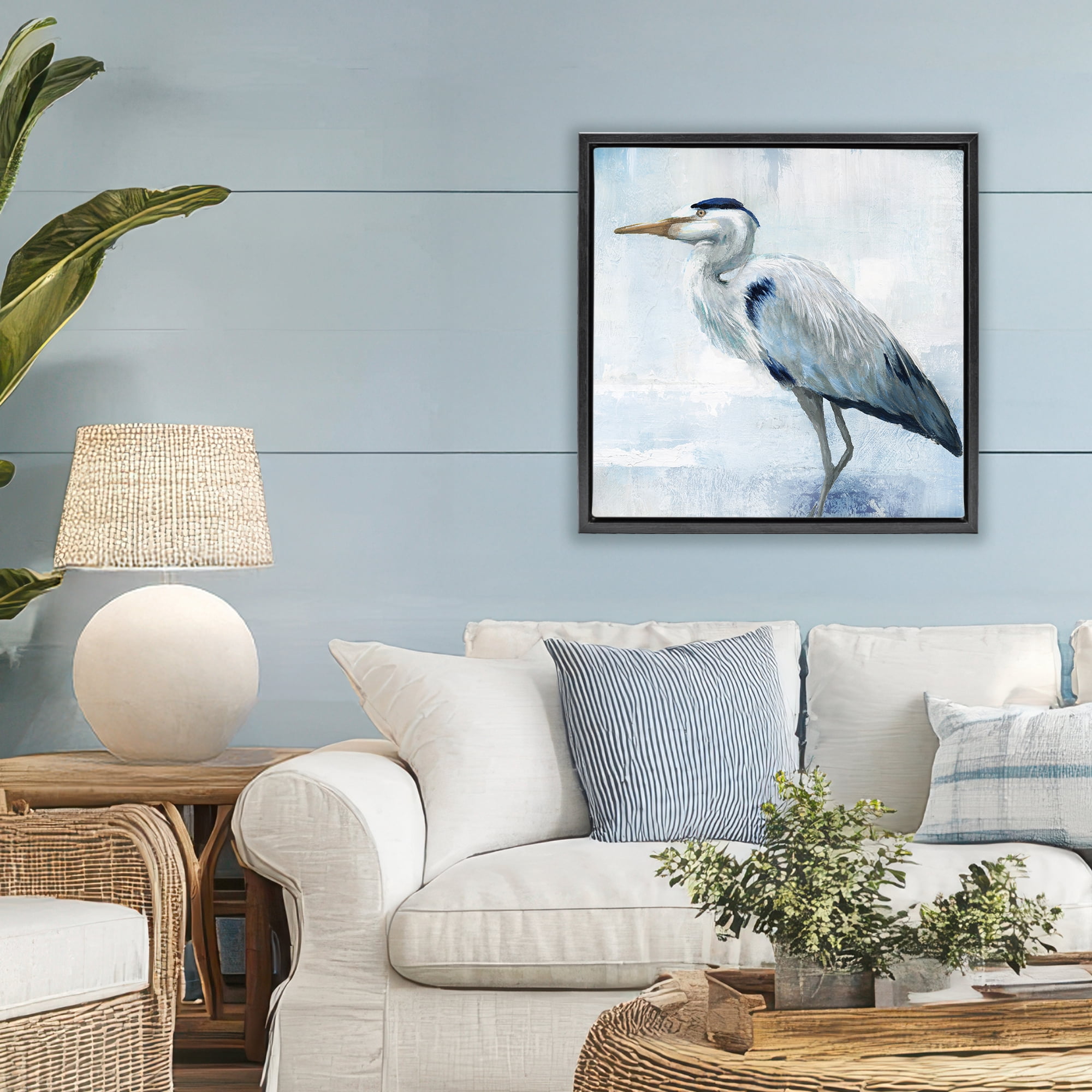 Stupell Industries Faded Blue Heron Black Framed Floater Canvas Wall Art, design by Nan
