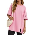 thumbnail image 3 of Solid Raglan Sleeve Women Crewneck Loose T-shirt Split Sport Oversize Tee Tops, 3 of 6