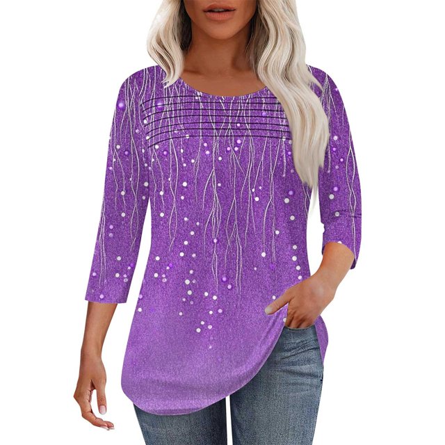 Liquidation! Uooqdmx Hauts Plissés pour Femmes, Manches 3/4 Hauts Fluides pour Femmes, Tunique de Travail Col Rond, Hauts de Printemps pour Femmes 2025, Violet S