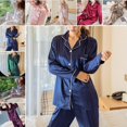 thumbnail image 1 of Fairnull 2Pcs Femmes Automne Couleur Unie Imitation Soie Chemise à Manches Longues Pantalon Pyjama Ensemble, 1 of 8