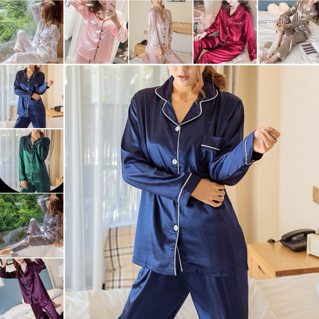 Fairnull 2Pcs Femmes Automne Couleur Unie Imitation Soie Chemise à Manches Longues Pantalon Pyjama Ensemble