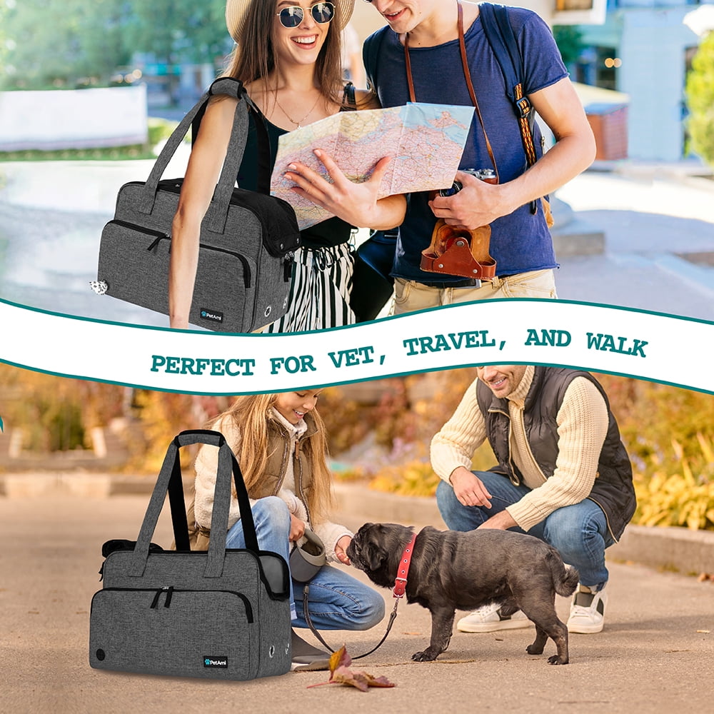 PetAmi Small Dog Purse Carrier Soft Sided Pet Carrier Bag with Pockets Portable Medium Dog Puppy Large Cat Travel Handbag Tote Airline Approved Breathable Mesh Poop Dispenser Sherpa Bed Dark Gray Walm...