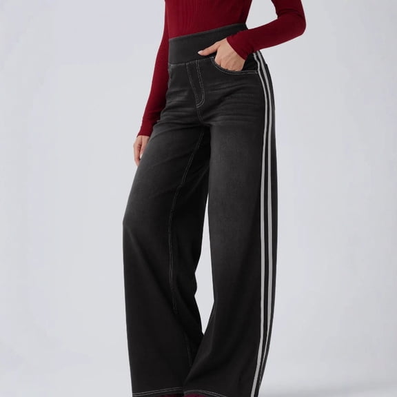 Womens Vintage Washed Wide Leg Jeans High Rise Side Stripe Denim Pants Loose Fit Full Length Street Style Trousers