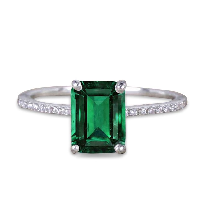 JeenMata Anillo de Compromiso de 1,25 Quilates con Piedra de Nacimiento de Esmeralda Verde Tallada en Rectángulo Creada en Laboratorio en Oro Blanco de 18 K sobre Plata