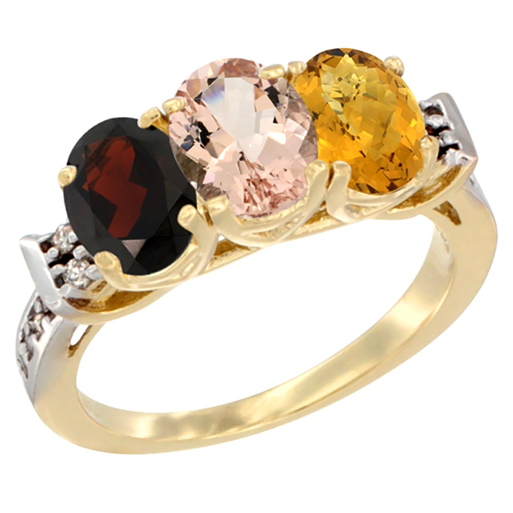 10K Yellow Gold Natural Garnet, Morganite & Whisky Quartz Ring 3-Stone Oval 7x5 mm Diamond Accent, sizes 5 10 by WorldJewels