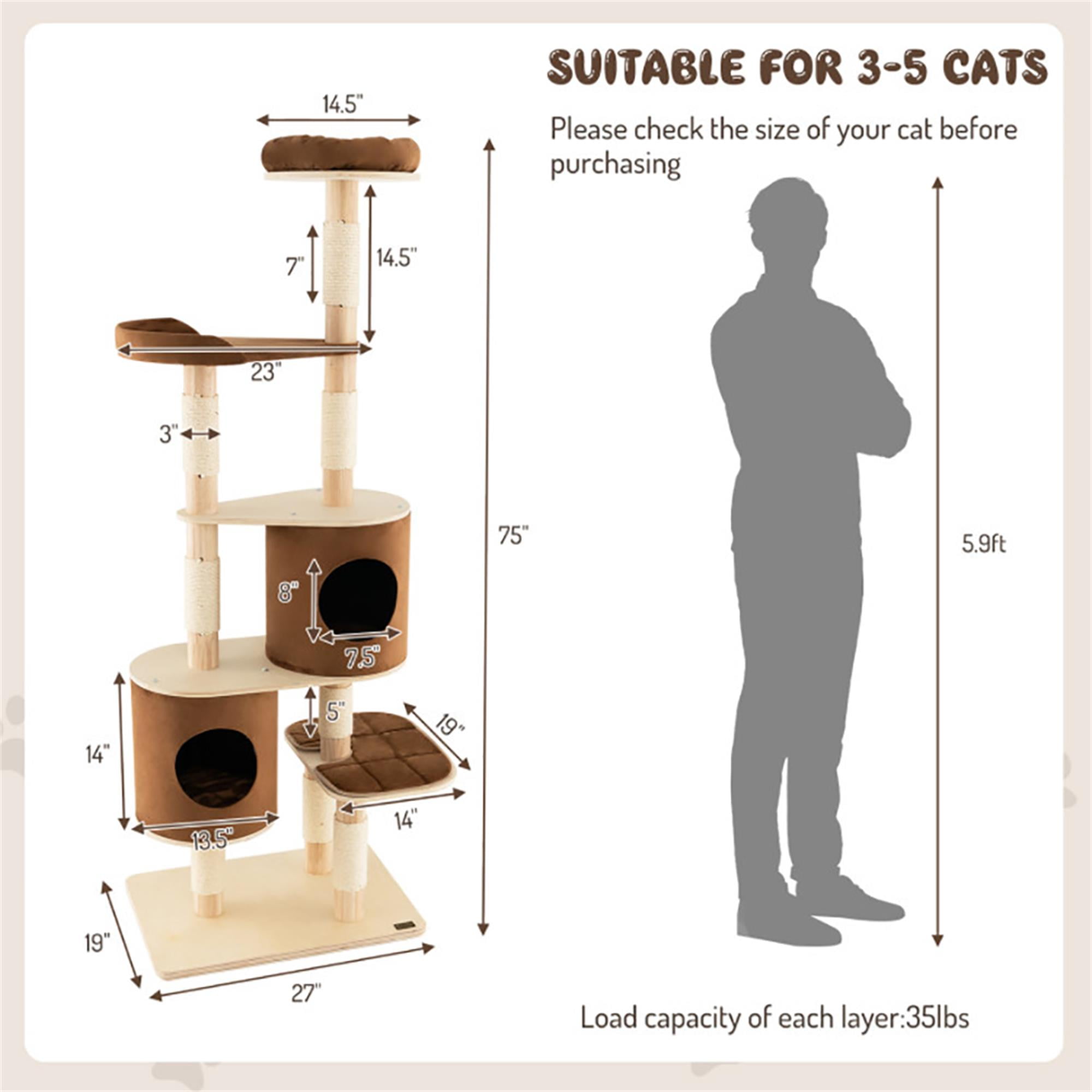 Kadyn 75" Wood Cat Tree Tower for Indoor Cats, Multi-Level Cat Condo with Scratching Posts, Perch, Washable Removable Cushions, Cat Furniture, Brown