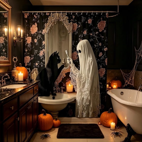Hvot&aat Halloween Waterproof Shower Curtain, 35.43 X 70.87IN Brushing Ghost and Cat Pattern, Spooky Cute Bathroom Curtain with Hooks for Bath Decor