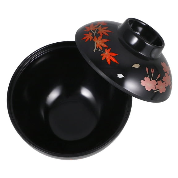 CATIEBYE Black Japanese Soup Bowl with Lid Lacquered Traditional Rice Bowl for Kitchen Use