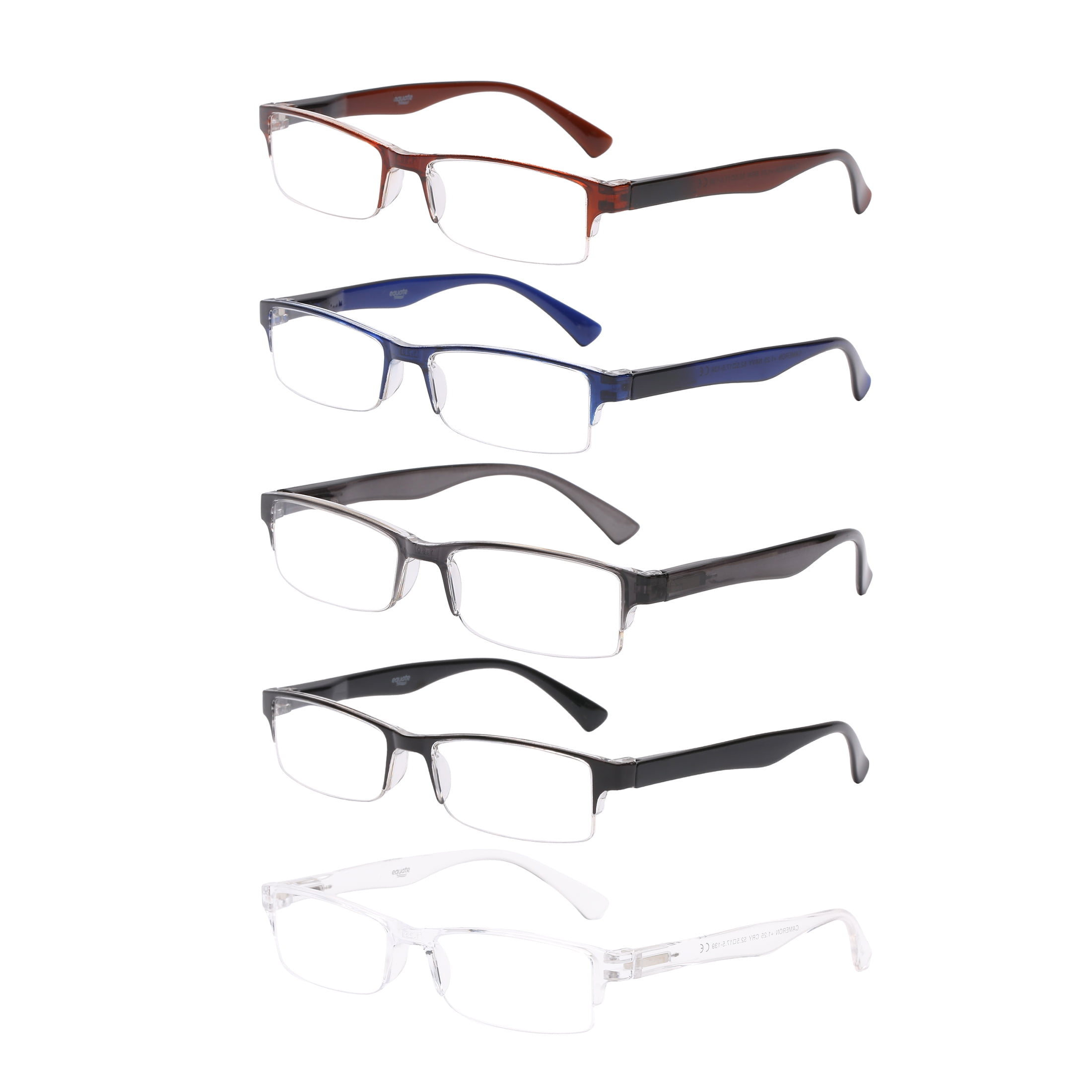 (2 pack) Equate Cameron 5-Pack Unisex Spring Hinge Plastic Reading Glasses with Case, Black/Crystal/Navy Blue/Brown/Grey, +1.25