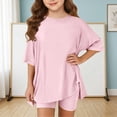 thumbnail image 4 of KVPLBQFD Girls 2 Piece Summer Outfits Kids Oversized Side Split Short Sleeve Shirts Matching Biker Shorts Lounge Set Indoor Lightweight Teen Girl Clothes, 4 of 6
