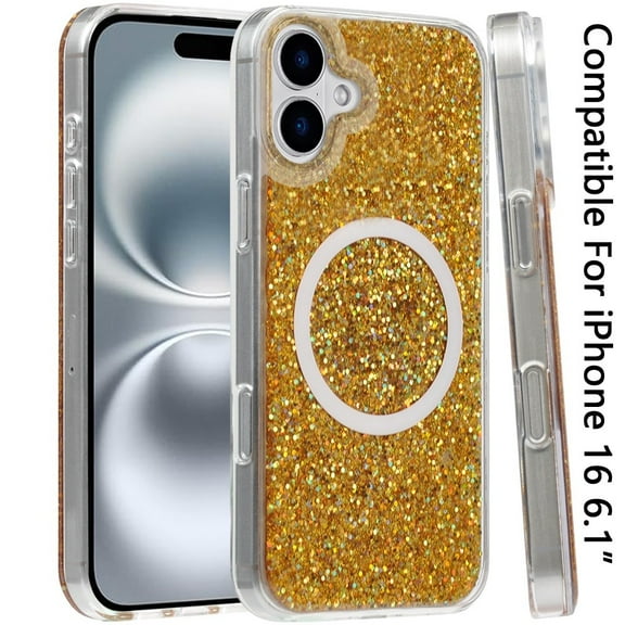 For Apple iPhone 16 (6.1") Transparent Epoxy Glitter Magnetic Circle Compatible with MagSafe Hybrid Bling Sparkle Hard PC Slim TPU Cover ,Xpm Phone Case [ Gold Glitter ]