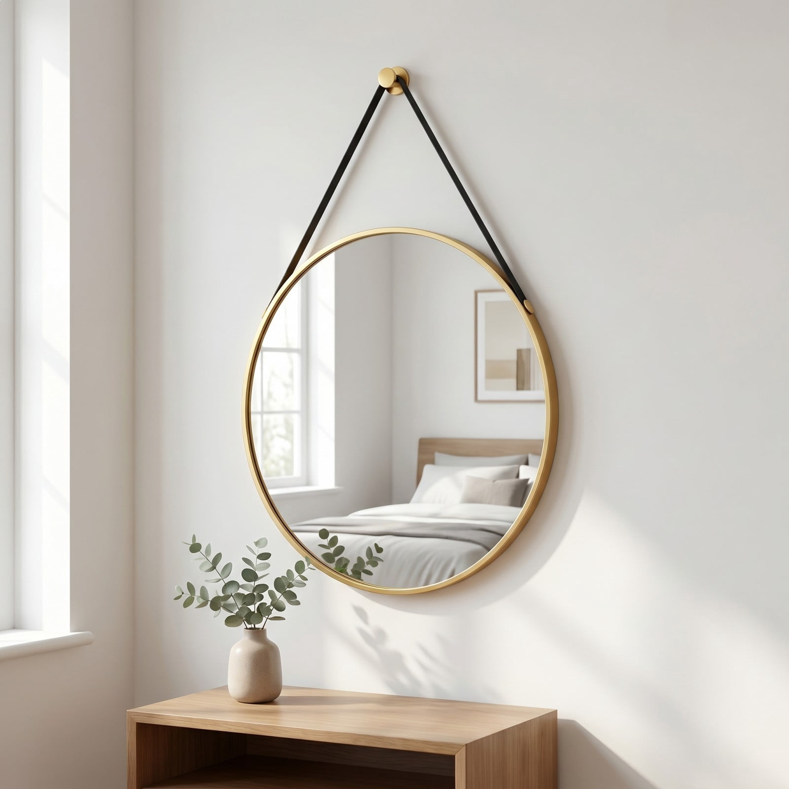 Gleamira 16" Wall Mounted Mirror Round Vanity Mirror with Leather Strap, Gold