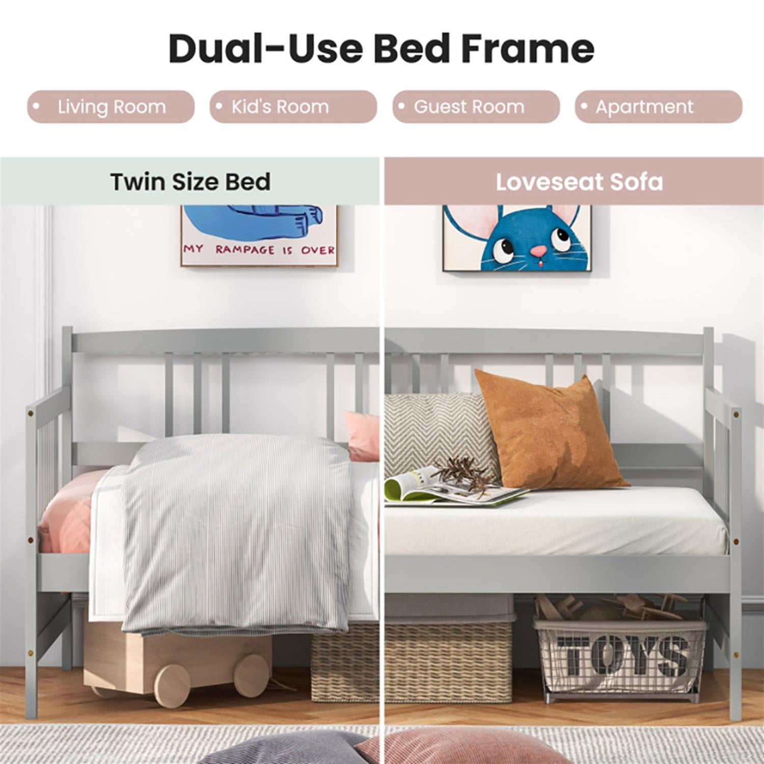 Demi Bonn Twin Size Wooden Slats Daybed Bed with Rails, Modern Bed Frame for Teens, Gray