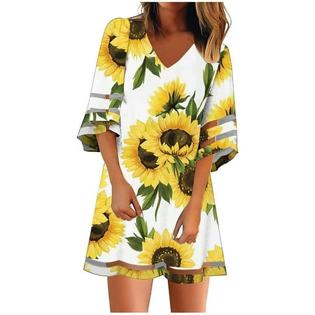 

Inkach Women Casual V-Neck Net Yarn Flared Sleeve Print Loose Dress
