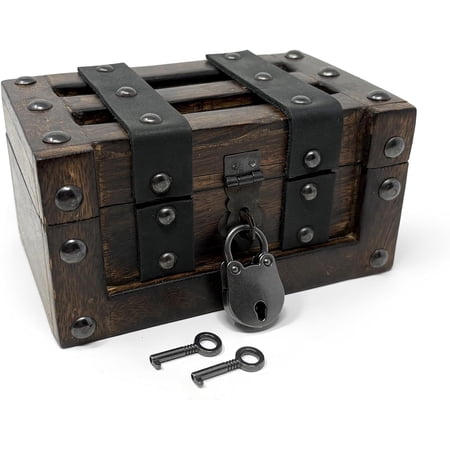 Nautical Cove Deluxe Handmade Rectangular Wooden Treasure Chest – Flat Lid Design with Real Leather Accents, Working Iron Lock & Skeleton Keys, Decorative Storage Box (X-Small - 5.5 x 3.5 x 2.75)