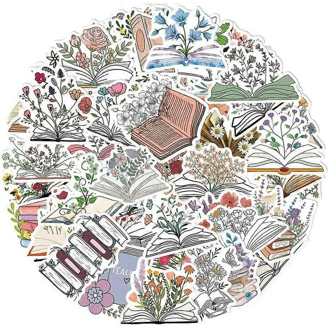 50 pcs flower sticker book, vinyl stickers for water bottle, laptop, guitar, luggage, book illustrations