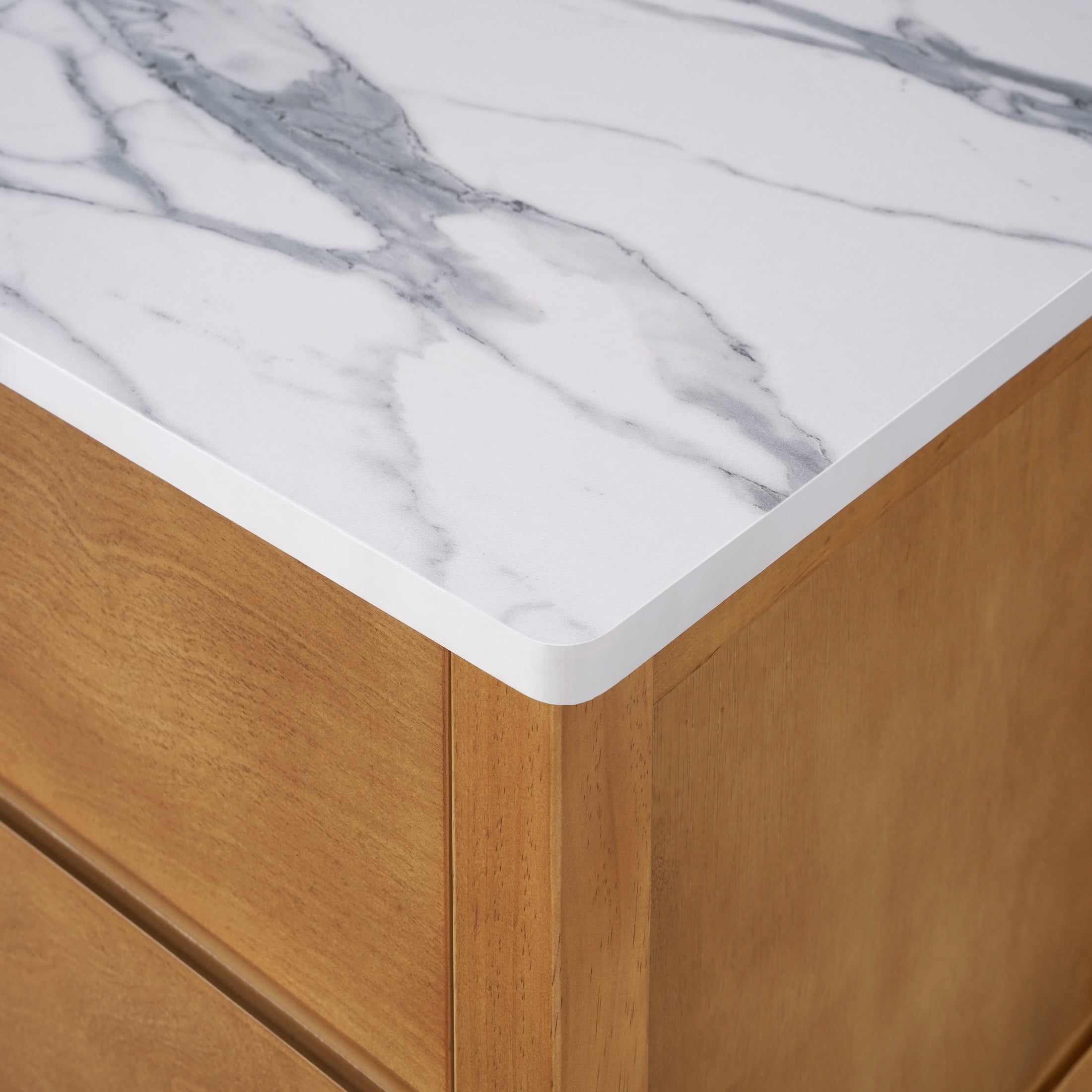 Christopher Knight Home 57" Kitchen Island Cabinet, Solid Wood with Marble Veneer Top, Natural+White