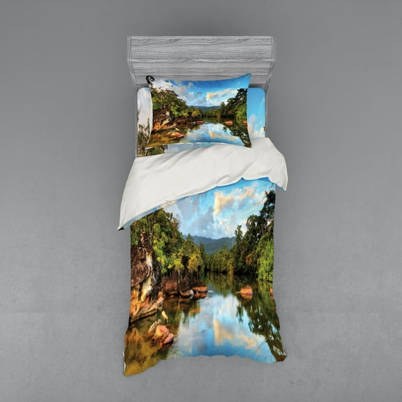 Ambesonne Tropical Bedding Set 3 Pcs, View of Jungle River, Twin, Multicolor