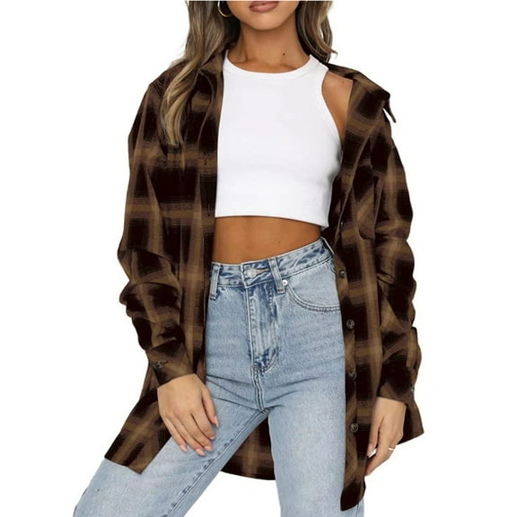 Meichang Shacket for Women Fall Loose Long Plaid Jacket Casual Lapel Button Down Coat Long Sleeve Shacket with Pocket