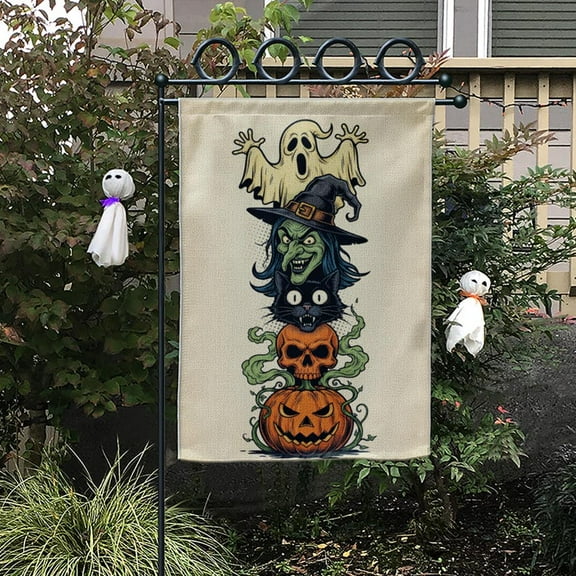 TiniDecor Stacked Halloween Characters Garden Flag – 12”x18” Ghost Witch Pumpkin Fall Yard Decor