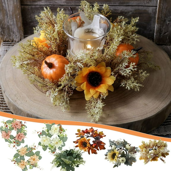 RKSTN Fall Candle Holders Wreaths Thanksgiving Artificial Pumpkin Maple Leaf Candle Garland with Berries Candle Rings for Pillars Autumn Wedding Parties Centerpieces Fall Decor
