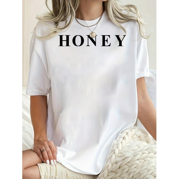 Honey Graphic Print Women'S T-Shirt, Casual Crew Neck Short Sleeve Tee, Comfortable Polyester Knit Fabric with Medium Stretch, for All Seasons