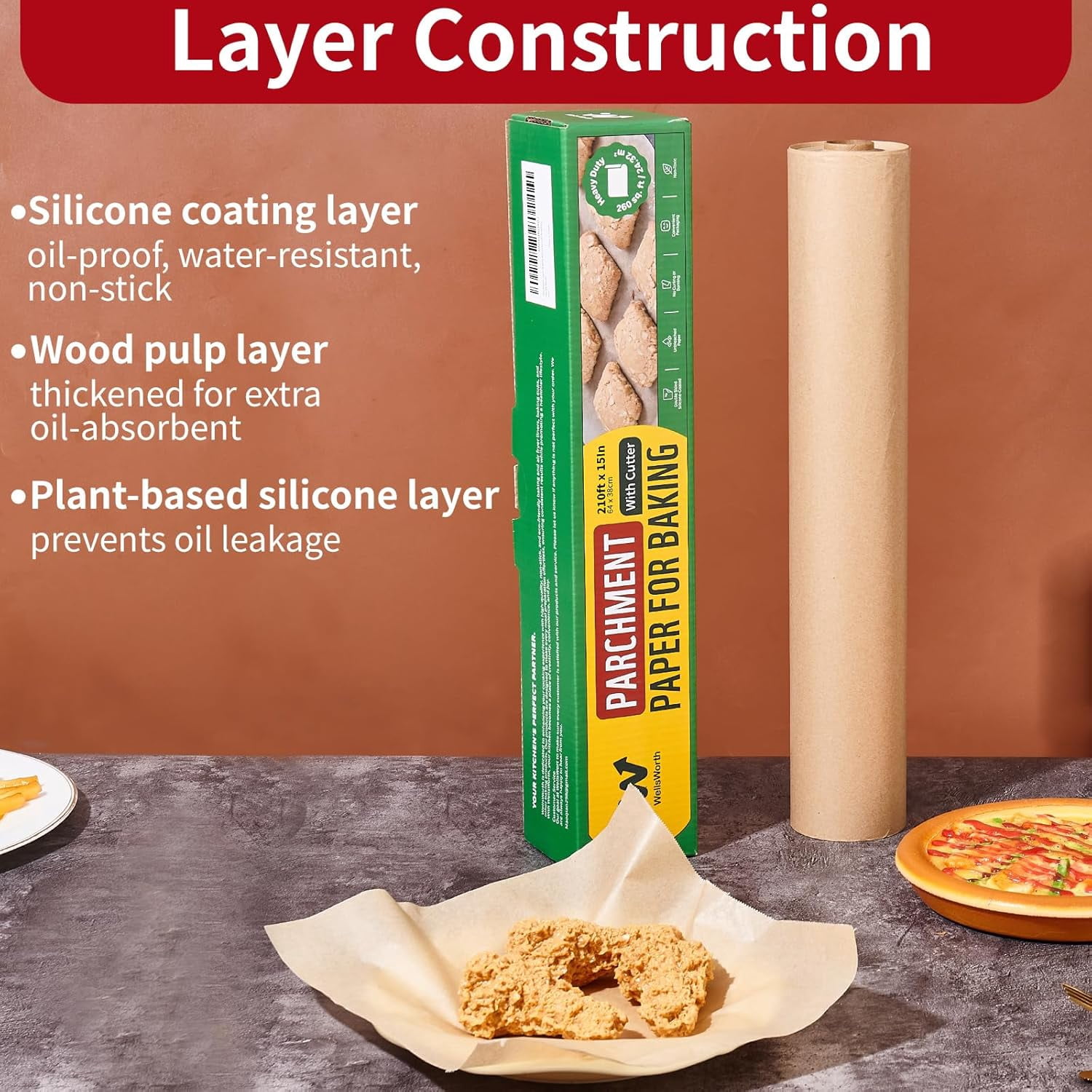 Unbleached Parchment Paper Roll, 15 in x 210 ft Unbleached Non-Stick Baking Paper, Heat Resistant & Food Grade Brown Parchment for Baking, Oven, Cooking, Grilling, Air Fryer