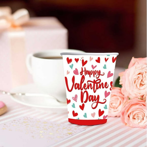 Penkiiy Decoraciones de la fiesta del día de San Valentín Corazón encantador Platos de fiesta del día de San Valentín, taza, servilleta, vajilla, compromisos del día de