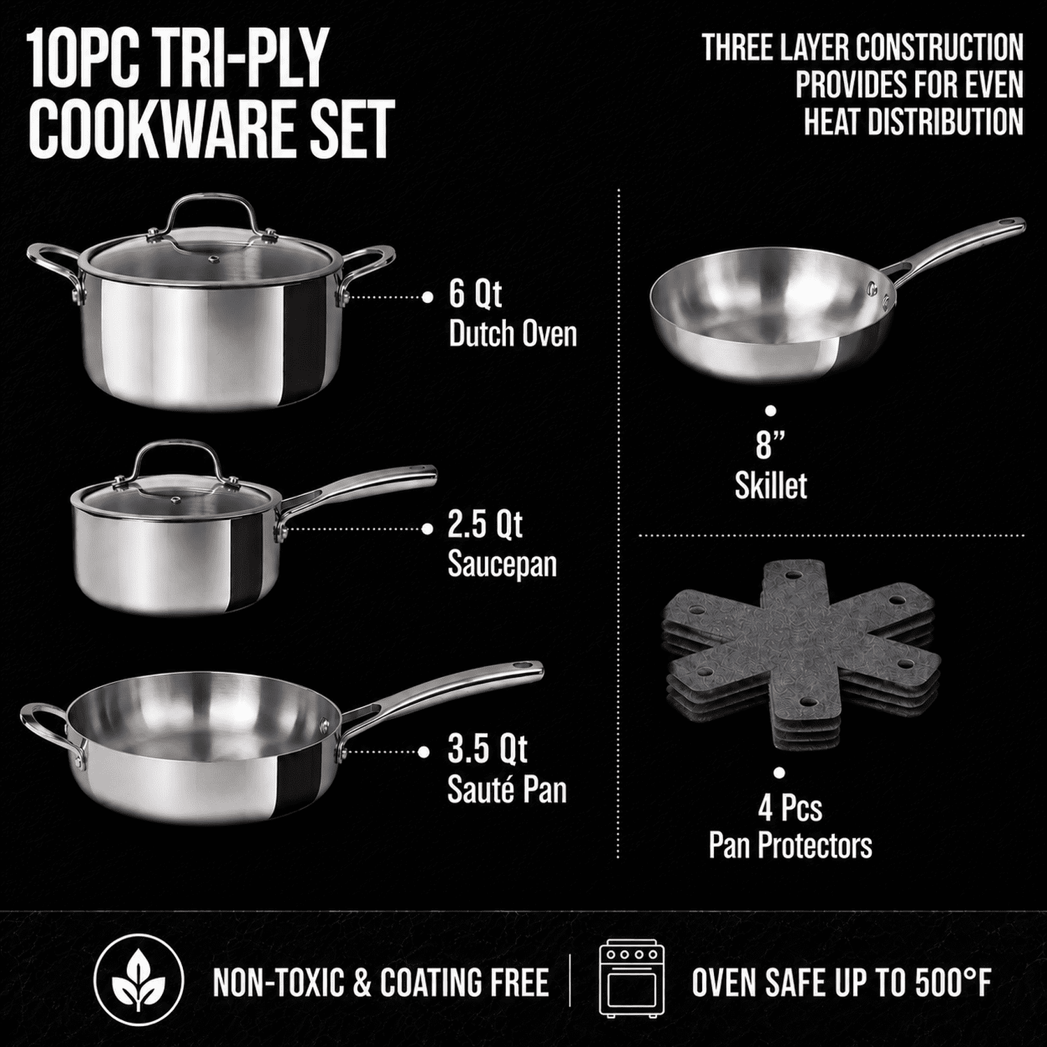 CoreClad 10-Piece Tri-Ply Stainless Steel Cookware Set with Induction Compatibility