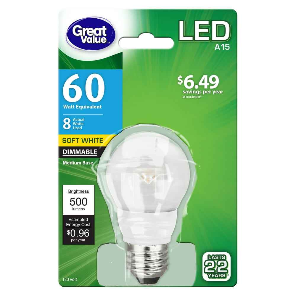 Great Value LED Light Bulb, 6W (60W Equivalent) A15 Lamp E26 Medium