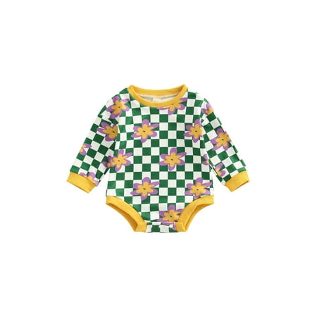 

Amuver Baby Girl’s Long Sleeve Romper Fashion Checkerboard Plaid Print Round Neck Triangle Bodysuit