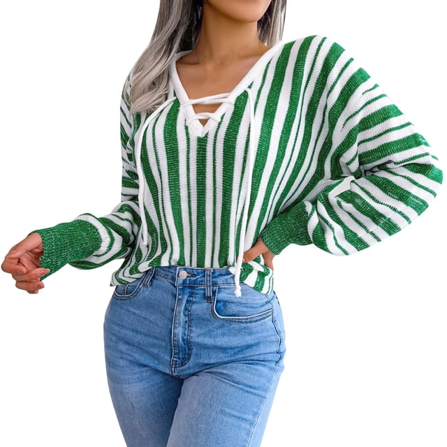 Gibobby Suéter casual mujer, Suéter con cuello en V para mujer, manga linterna, cuello en V, suéter de punto hueco, suéter de ganchillo(Verde,M)