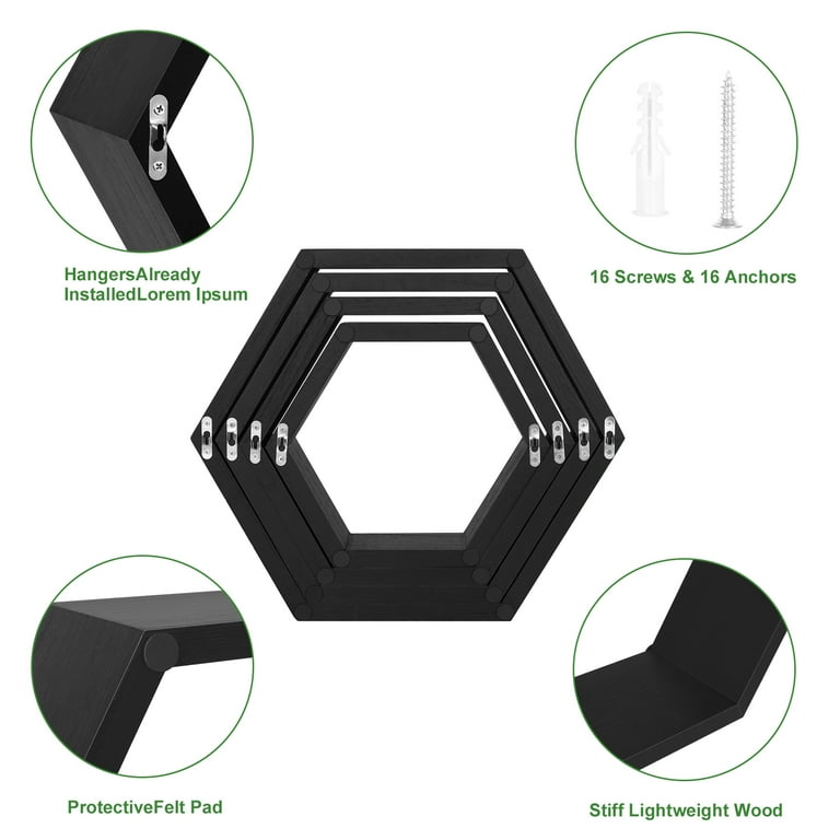 Hexagon Floating Shelves Set of 8 Honeycomb Shelves for Wall, Black, Size: Minimum Size: 9.84 x 8.58 x 4.96 Inches, Small Size: 11.42 x 10.04 x 5.83