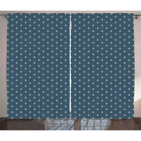 Navy Blue Curtains 2 Panels Set Nautical Classical Pattern White