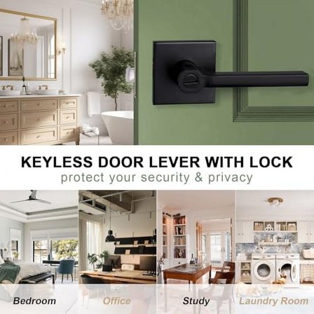 Heavy Duty Privacy Door Lever, Bathroom Door Handle, Badroom Door Lock, Matte Black Interior Door Knobs with Lock, Reversible Right&Left Handed, 4Packs