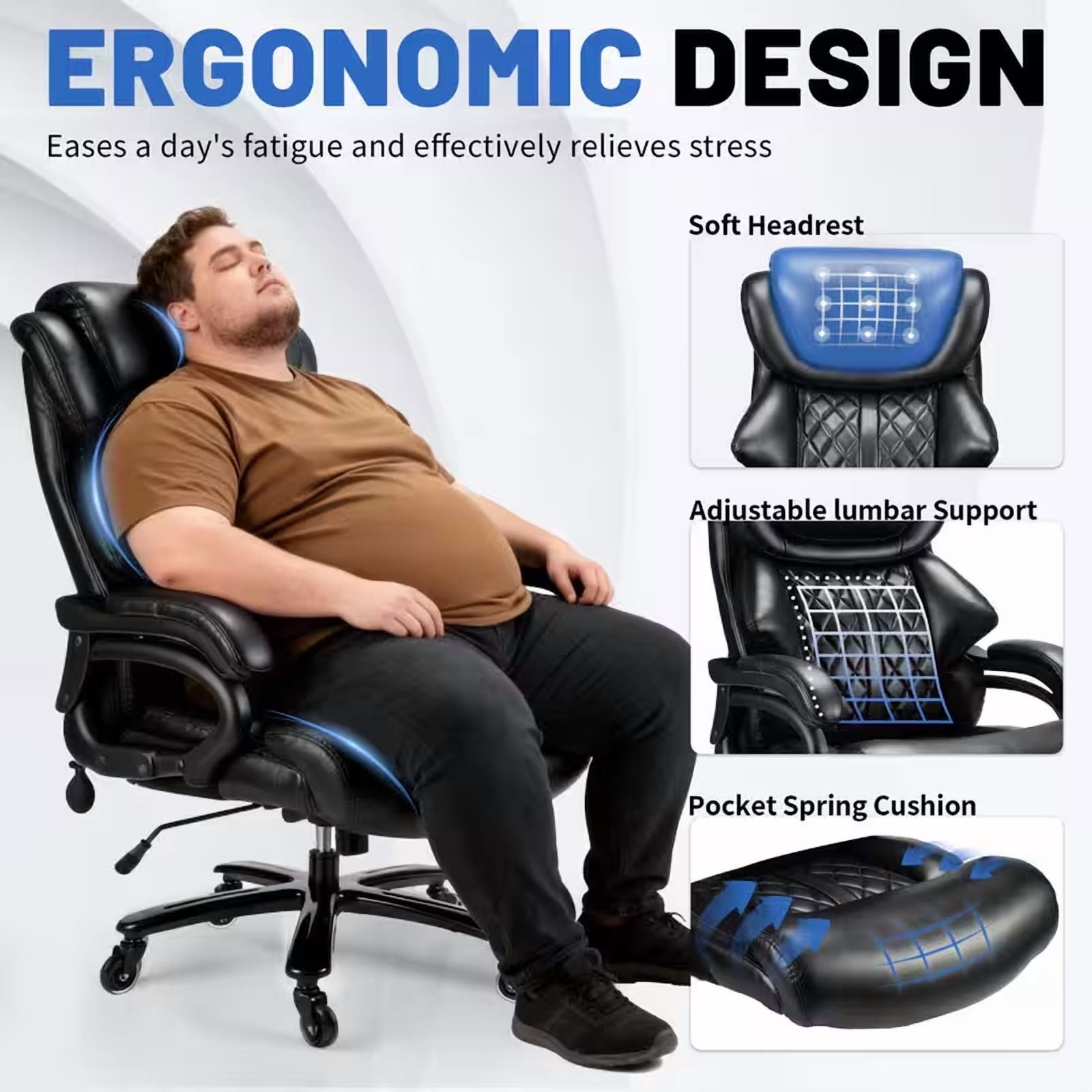 Qusaphy 800LBS Big and Tall Executive Office Chair, PU Leather Ergonomic Desk Chair with Adjustable Backrest and Thick Padded Cushion, Heavy Duty Chair for Home or Office Black