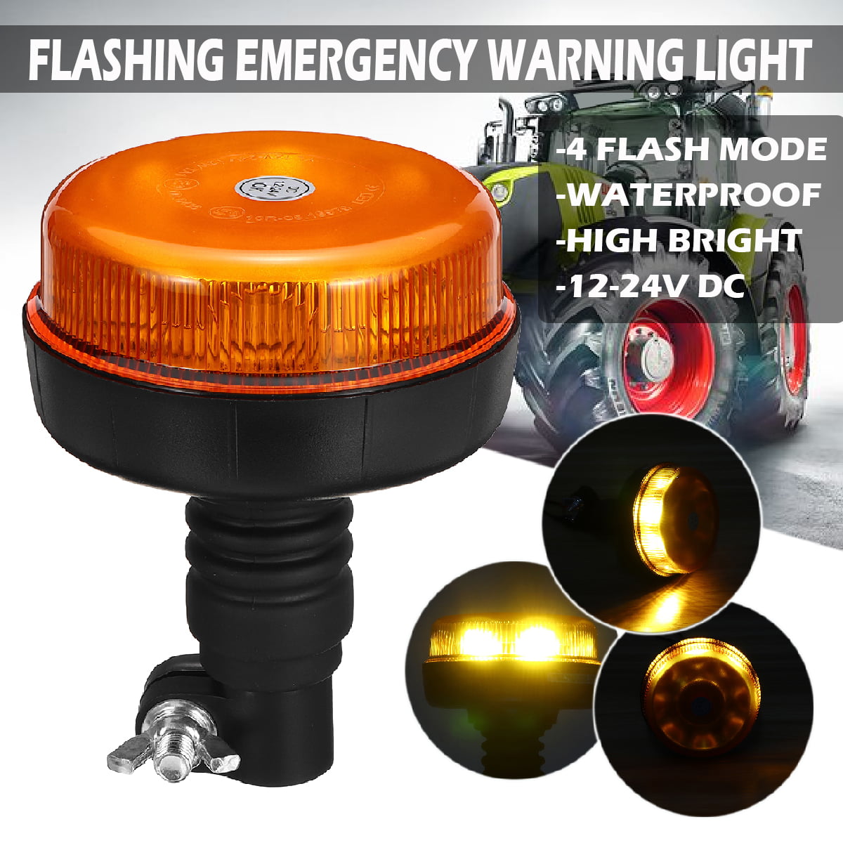 LED Tractor Warning light Rotating Flashing Amber Beacon Flexible DIN Pole Mount 