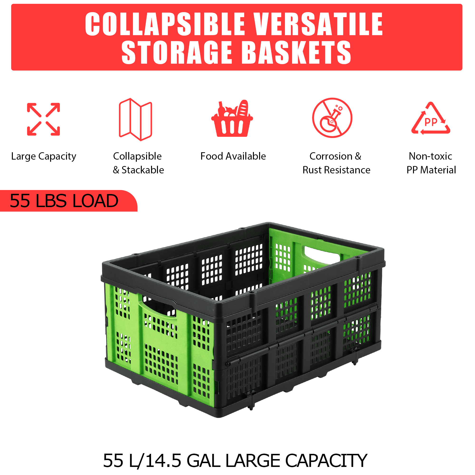 Heavy-Duty 55L Collapsible Stackable Storage Crate – Collapsible Plastic Organizer Bin with Handles – Multi-Purpose Utility Basket for Home, Kitchen, Office, Garage, Camping, Moving – Green