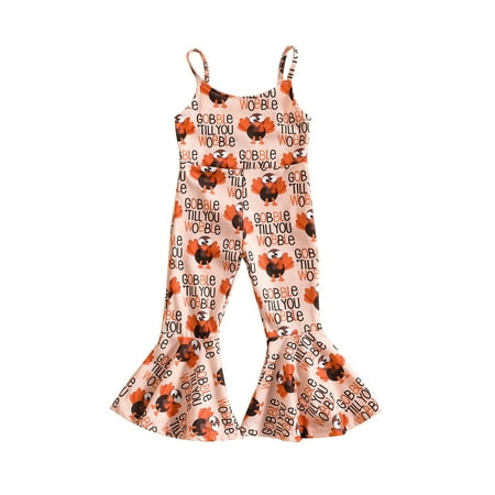 

Canrulo Toddler Baby Girls Thanksgiving Clothes Jumpsuit Sleeveless Turkey Print Romper Flared Pants Pink 18-24 Months